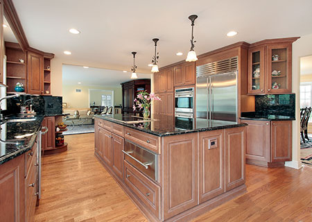 wooden cabinets and island